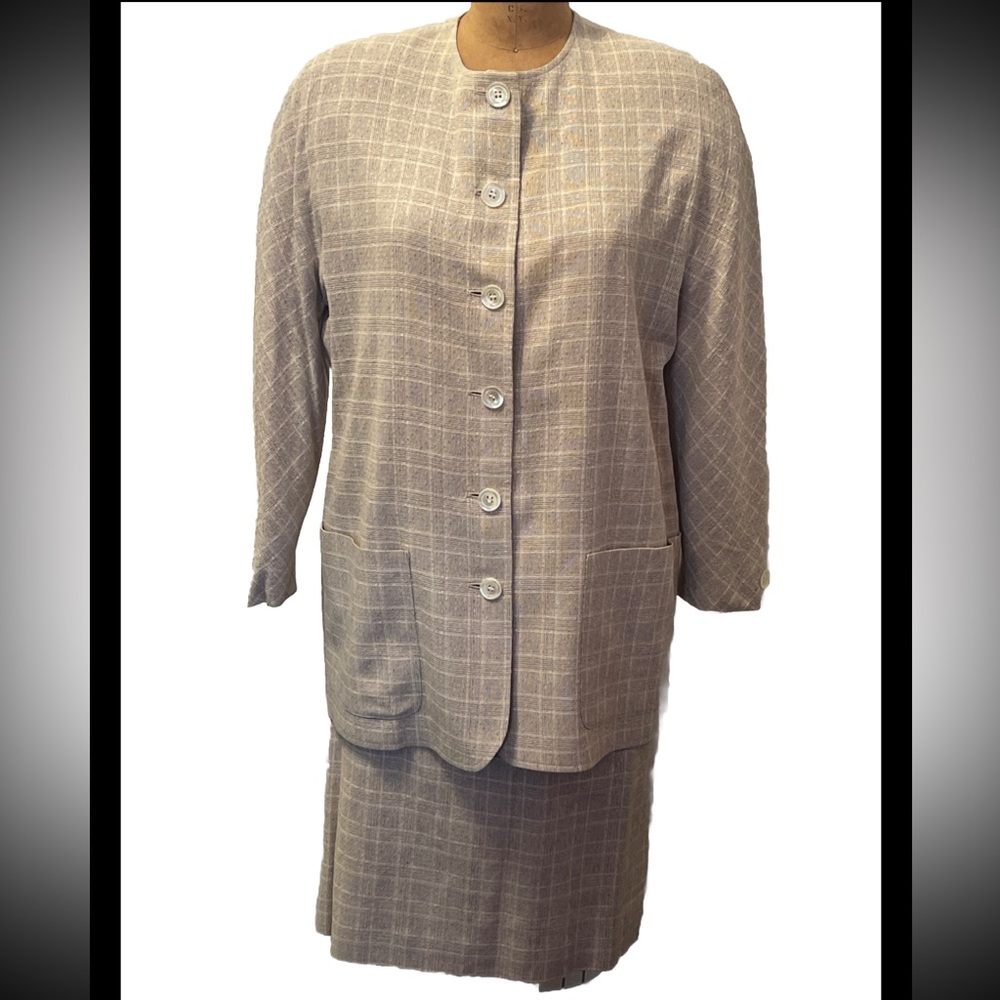 Vintage Jaeger Suit Wool + Silk Beige Houndstooth Midi Skirt + Blazer Women’s 12